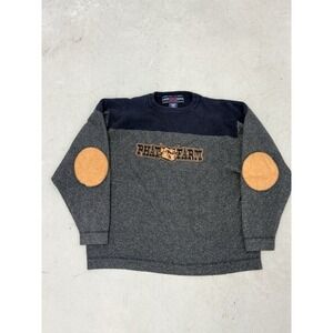 VTG Phat Farm Sweater XL 90s  Silk Angora Blend Navy Grey Elbow Patches